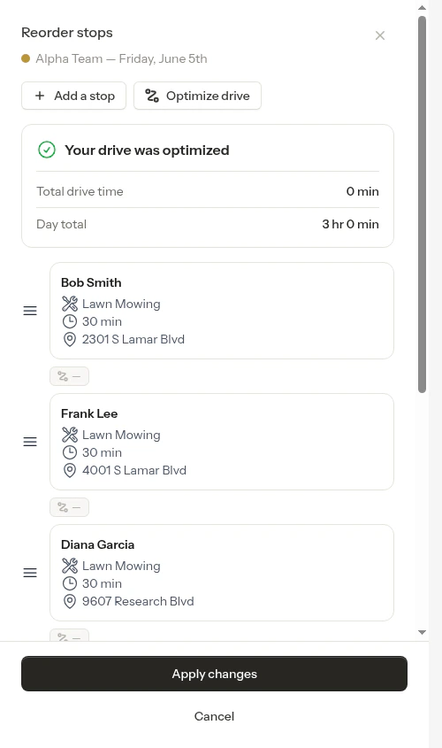 Optimized view with drive time summary