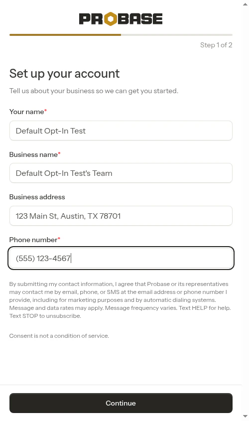 Onboarding business step with SMS disclosure