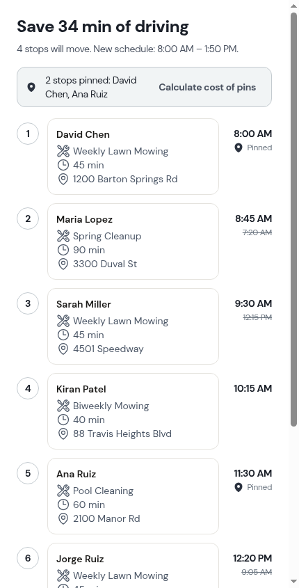 Pinned stops named in the optimize preview
