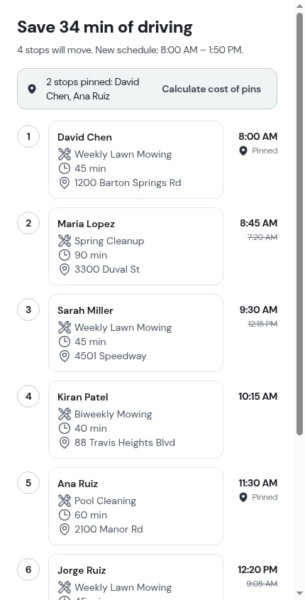 Pinned stops named in the optimize preview