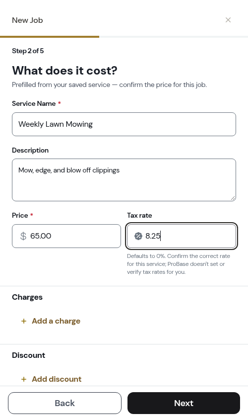 What does it cost? step, prefilled from a saved service