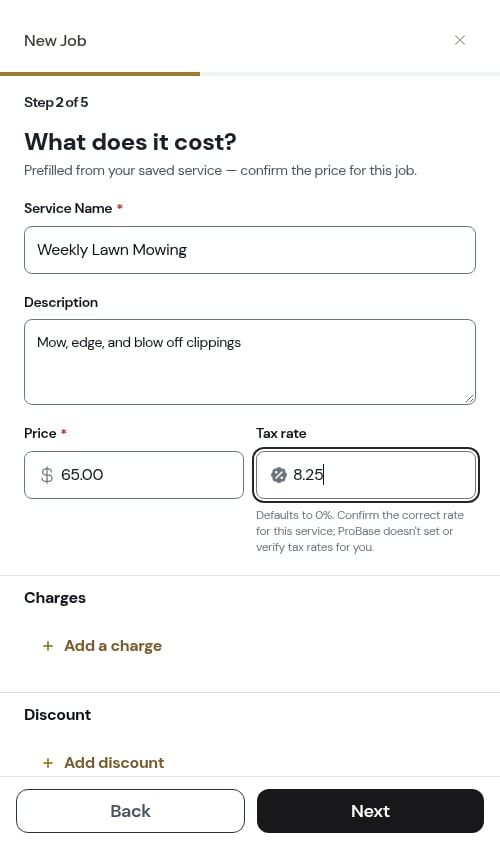 What does it cost? step, prefilled from a saved service