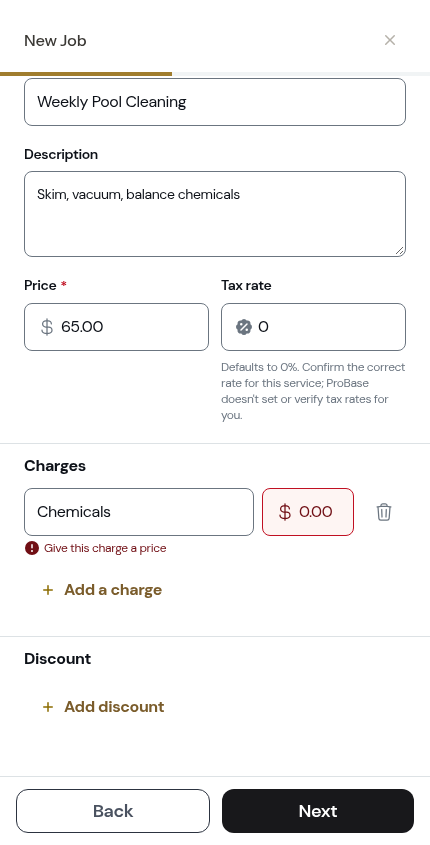 A charge missing its price, flagged when tapping Next