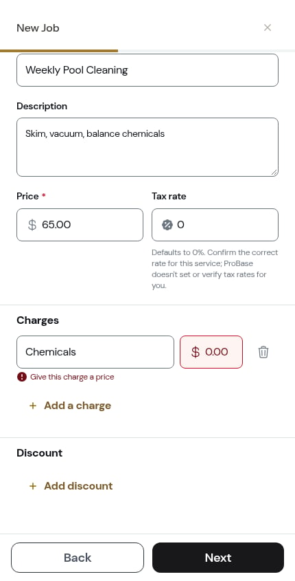 A charge missing its price, flagged when tapping Next
