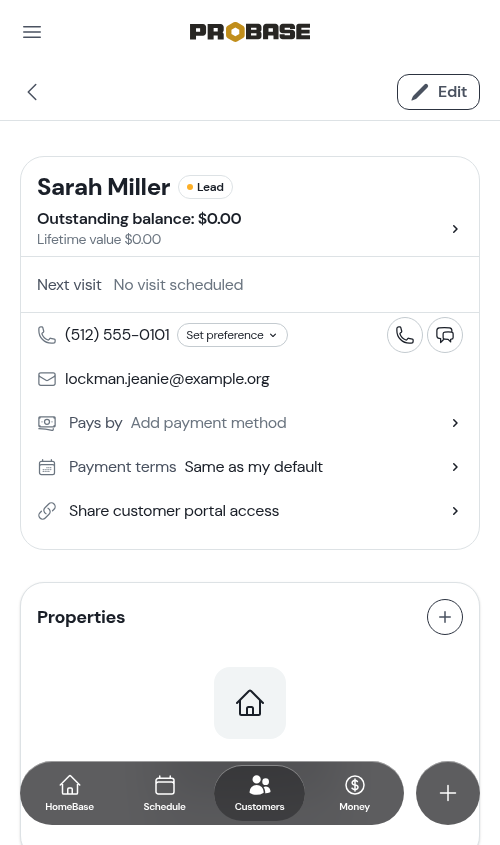The Share customer portal access row on the customer's top card