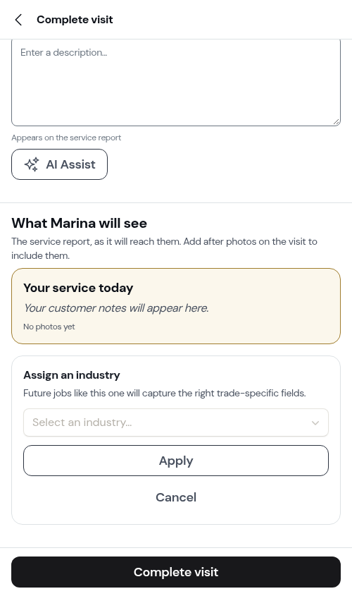 Choosing an industry from the completion prompt