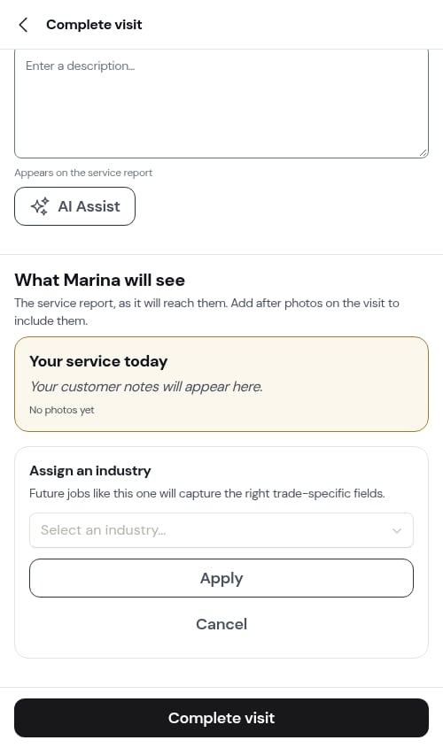 Choosing an industry from the completion prompt