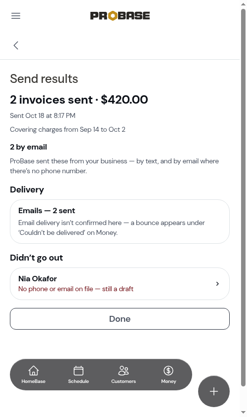 A batch sent by email, with one customer skipped