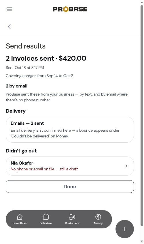 A batch sent by email, with one customer skipped