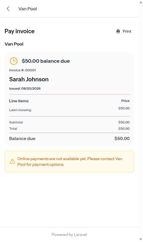 Customer invoice with the neutral heading and no due date