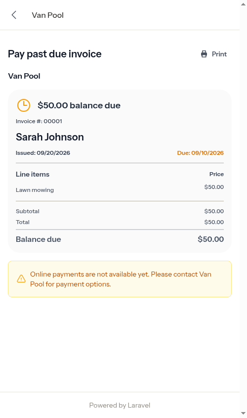 Customer invoice with the past due heading