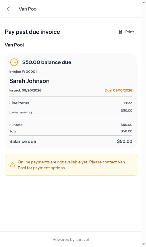 Customer invoice with the past due heading
