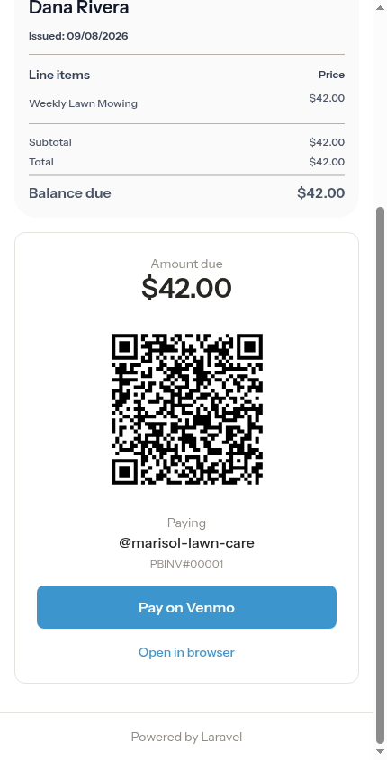 Customer invoice with the Pay-on-Venmo block