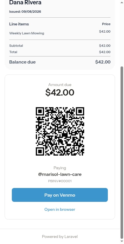 Customer invoice with the Pay-on-Venmo block