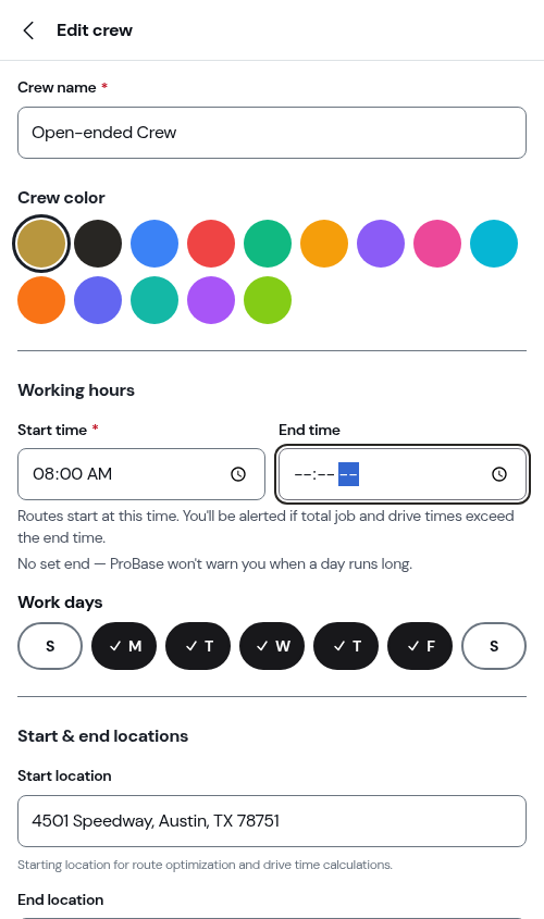 The edit form with the end time cleared