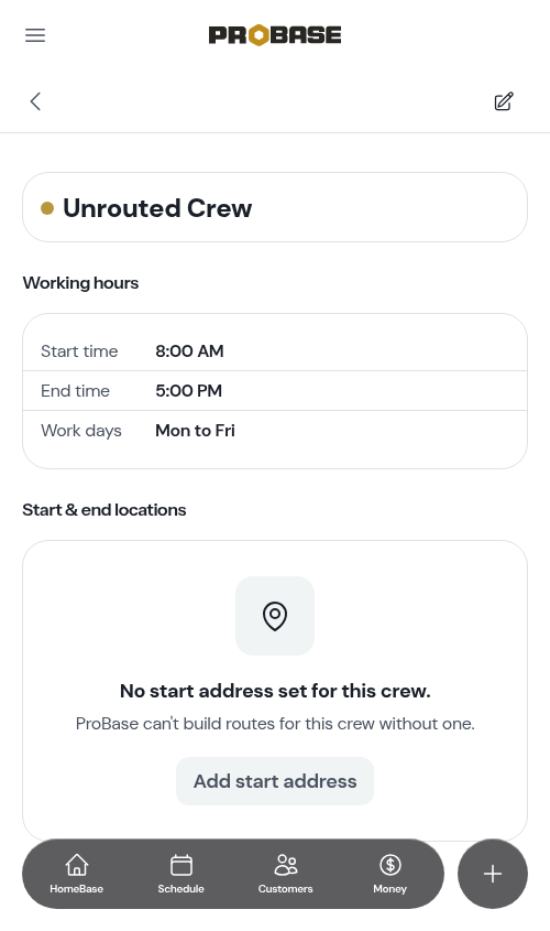 The crew page with no start address