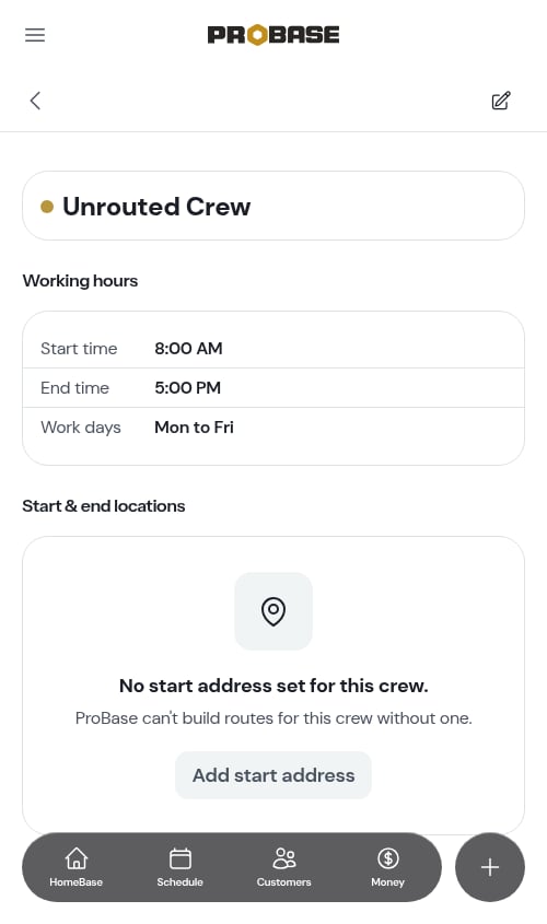 The crew page with no start address