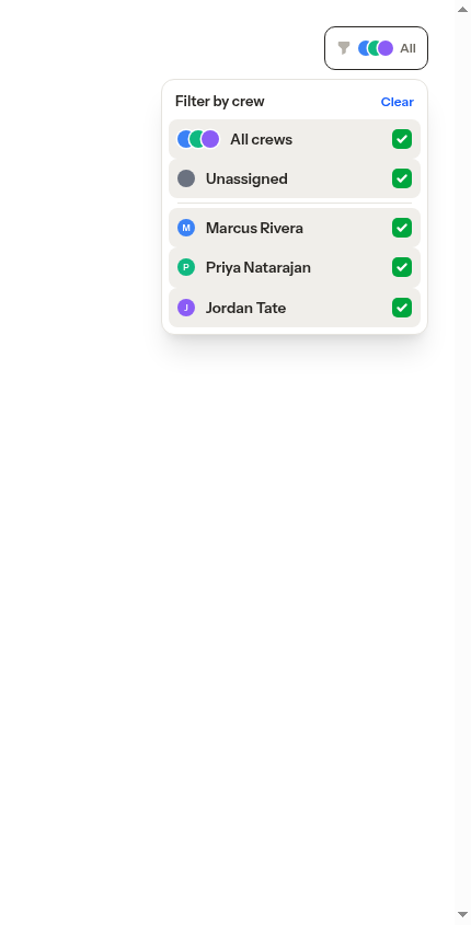 Crew filter dropdown open