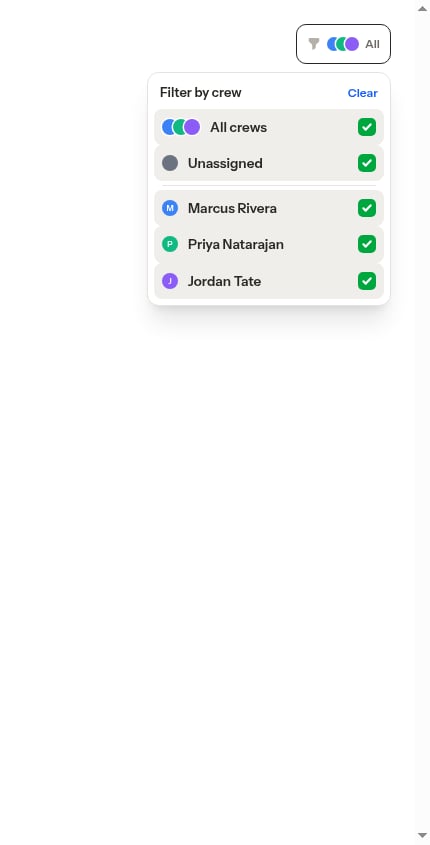 Crew filter dropdown open