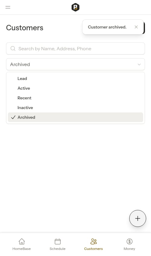 Customer list filtered to show an archived customer