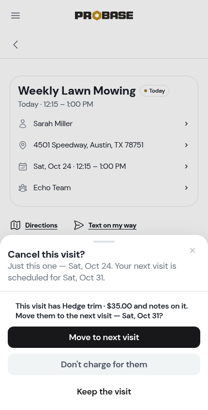 The cancel sheet asking about the visit's charges