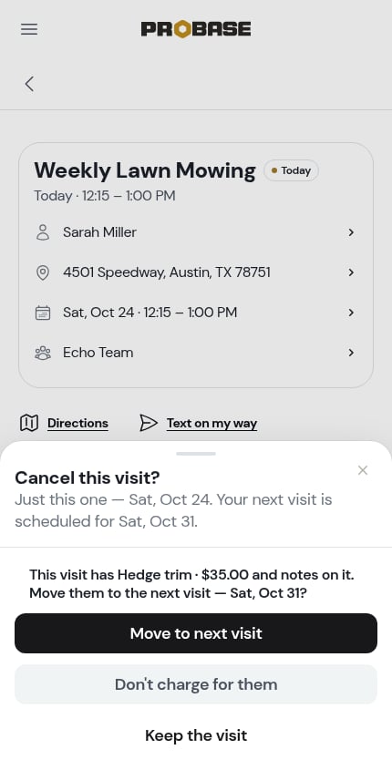 The cancel sheet asking about the visit's charges