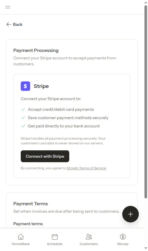 Payment settings page with Payment Terms