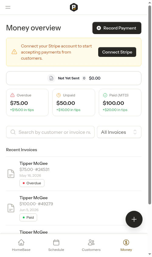 Summary cards with tip rollup amounts