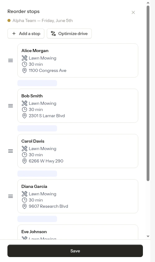Reorder modal with Optimize drive button