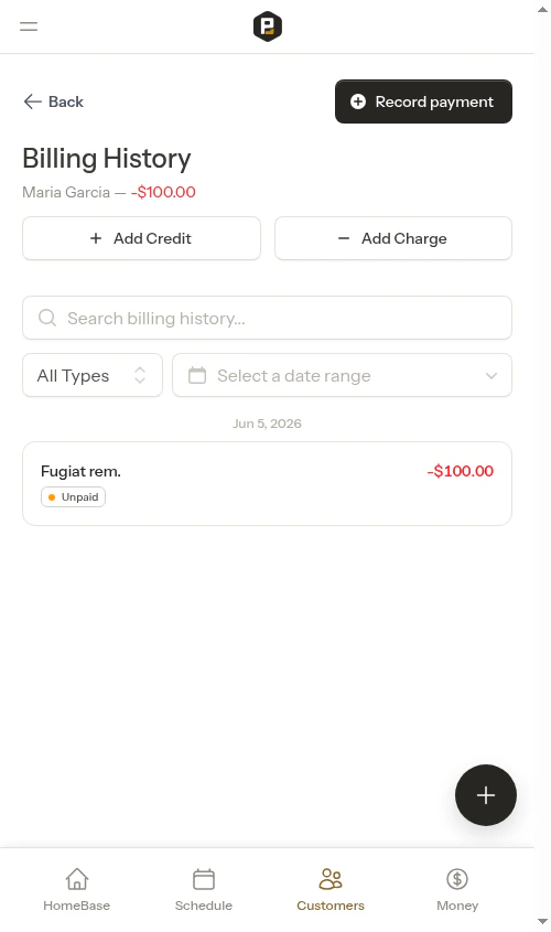 Billing page showing customer balance