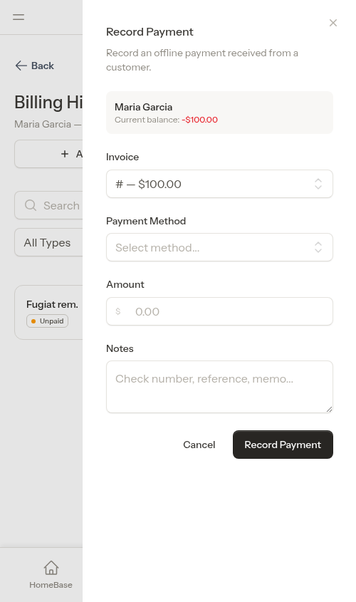Record payment flyout