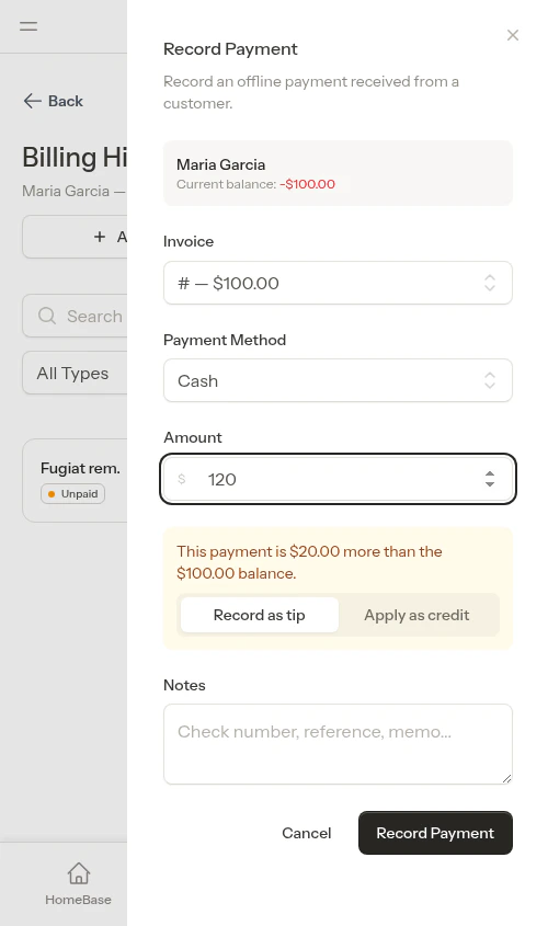 Overpayment prompt with tip or credit options