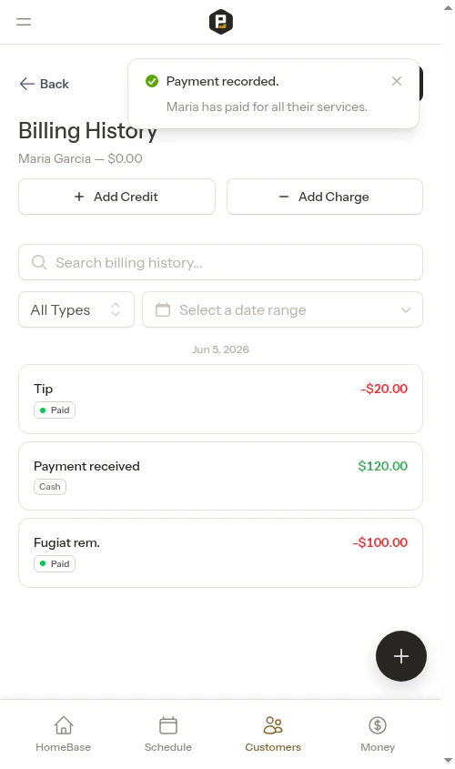 Billing history showing payment and tip entries