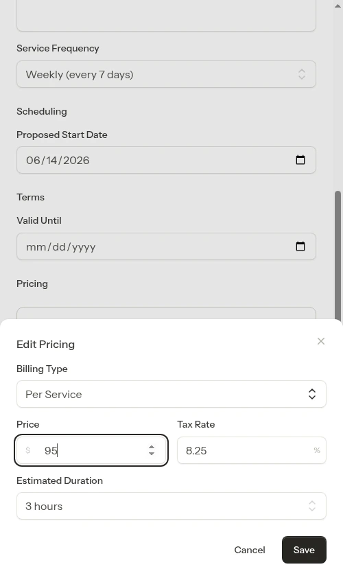 Pricing editor with updated price