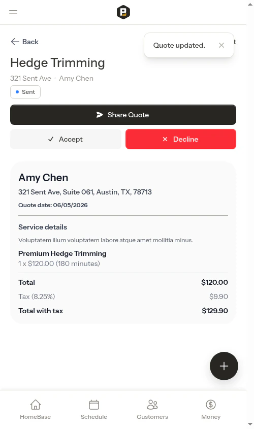 Sent quote after saving changes