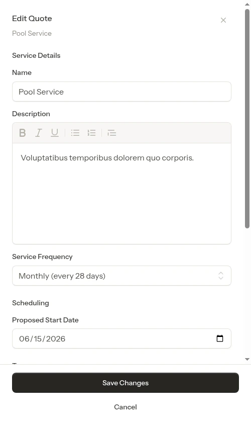 Edit quote modal showing pricing card and line items