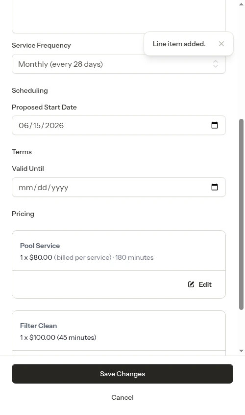 Service item added to quote