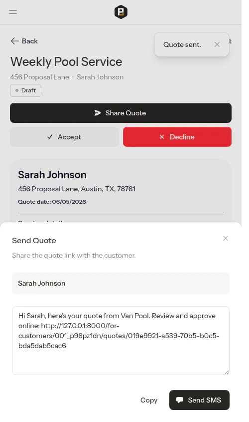 SMS compose modal with quote link