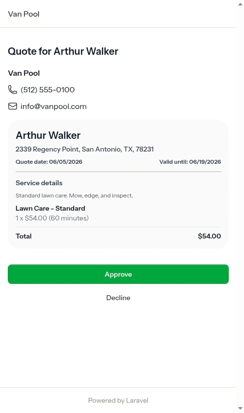Customer view of a sent quote