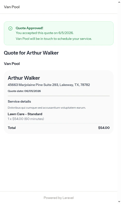 Quote approved state shown to customer