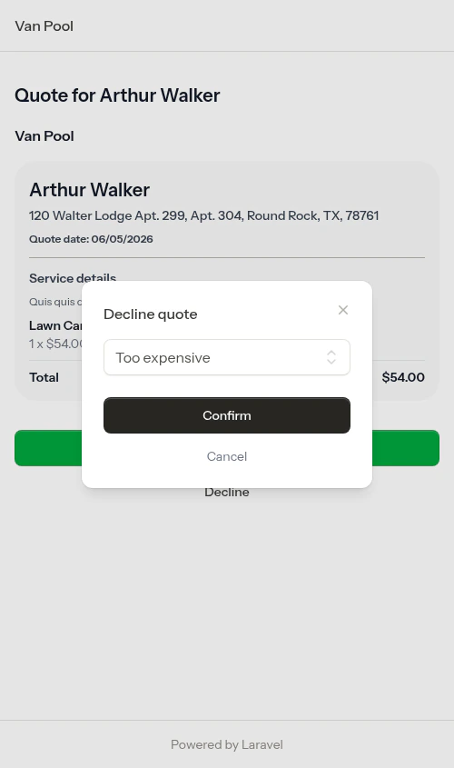 Decline modal with reason selection