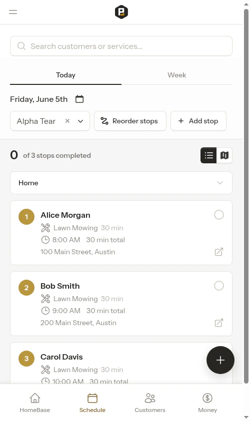Calendar with crew selected and Reorder Stops button visible
