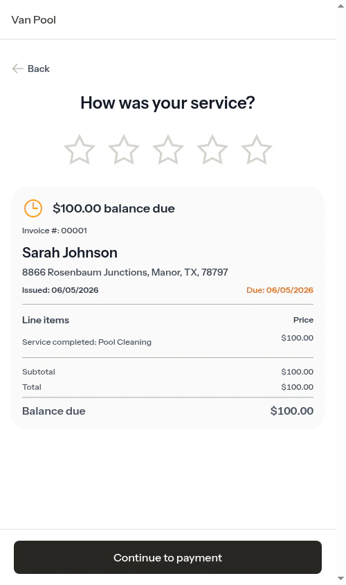 Service review screen with star rating