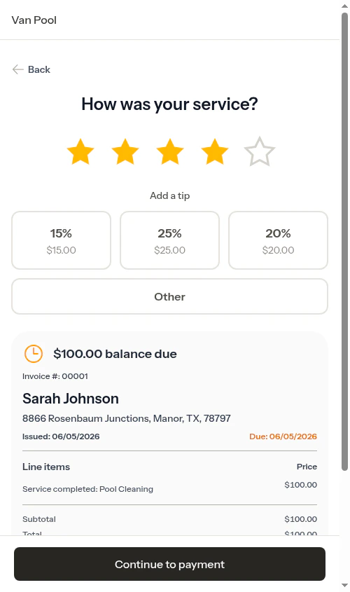 Service review screen with rating and tip presets