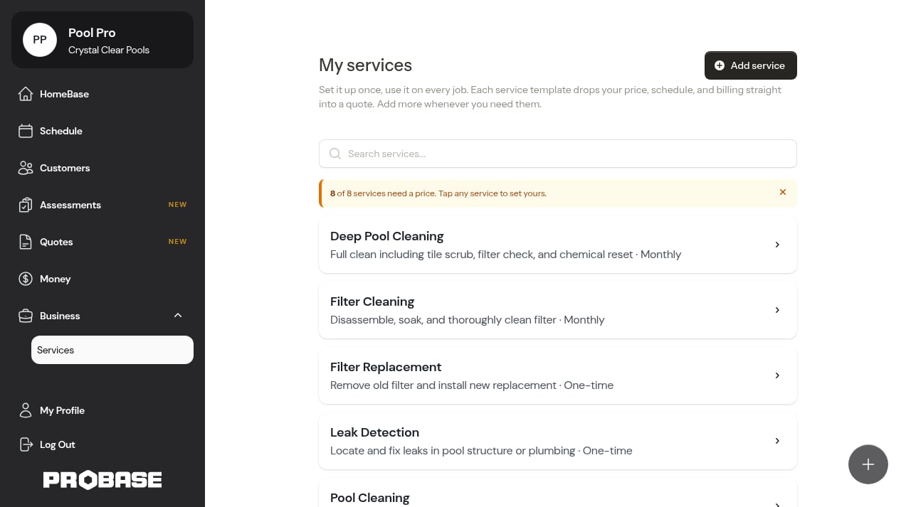 Pool service offerings created after onboarding