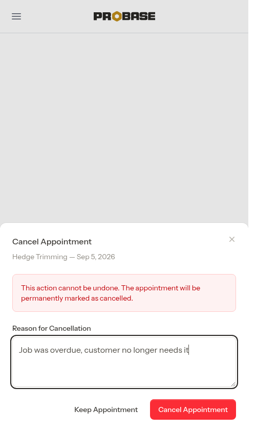 Cancel form with reason field