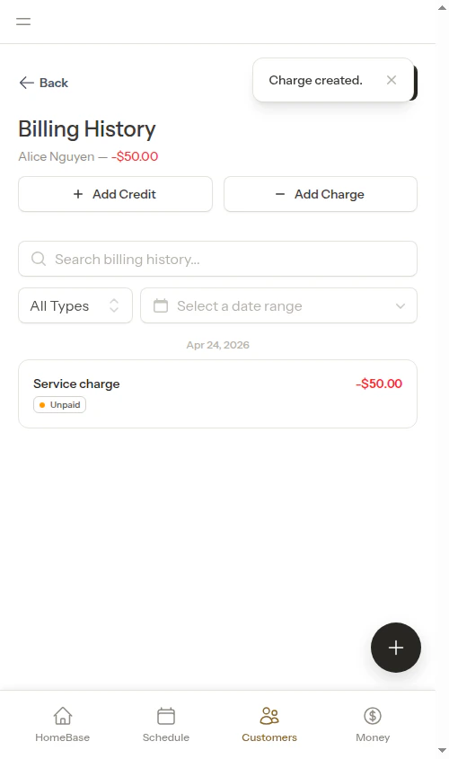 Charge created in billing history