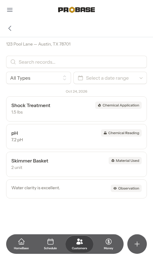 The four kinds of service record on a property's Service Records page