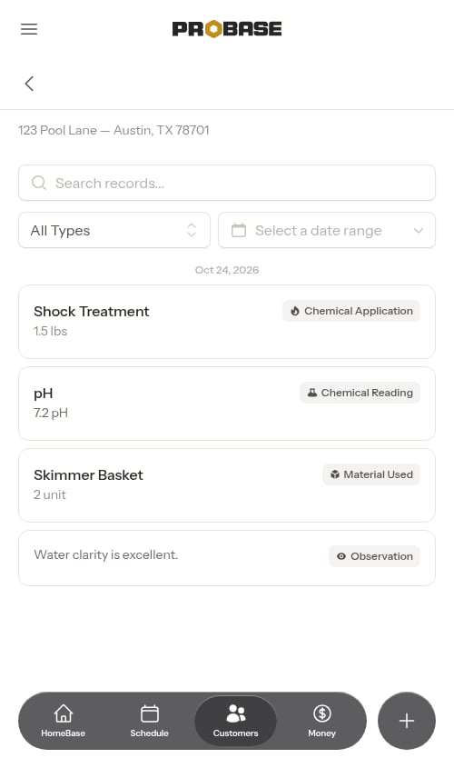 The four kinds of service record on a property's Service Records page