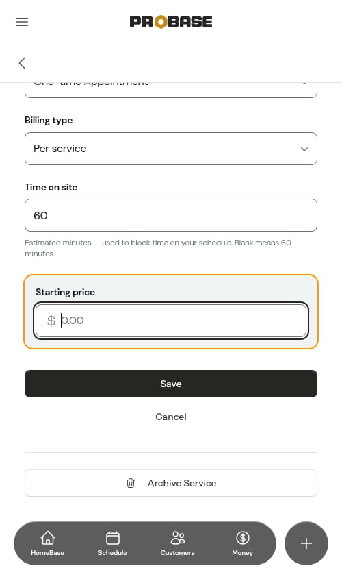 Edit form with the price field ready
